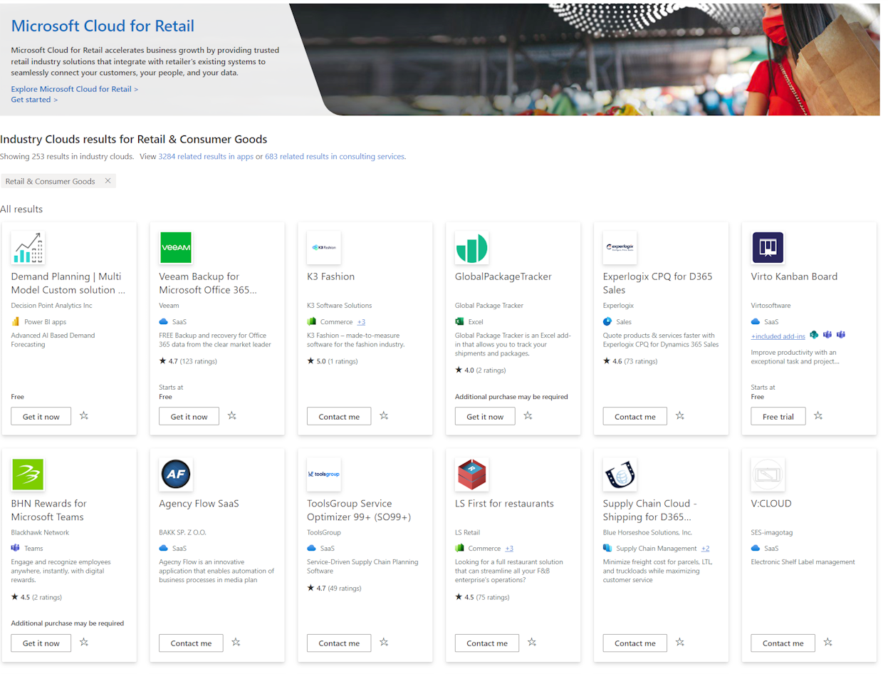 Screenshot from Microsoft AppSource, displaying Cloud for Retail partner solutions.