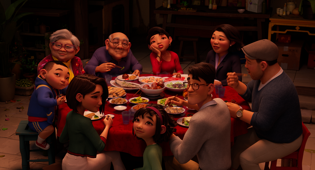 Image that shows Fei Fei sitting at the dinner table with her family during the Moon Festival.