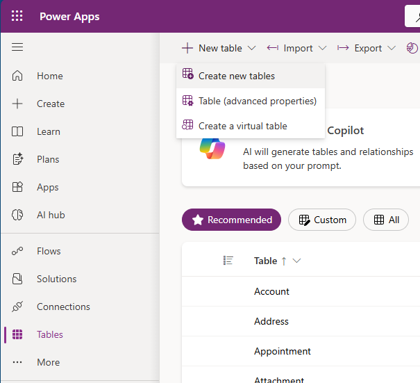 Screenshot of the create new table.