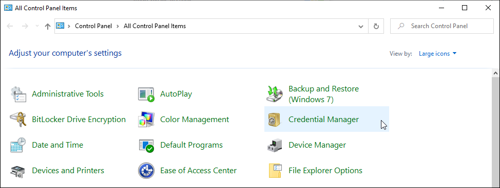 Screenshot of the Credential Manager in the Control Panel.