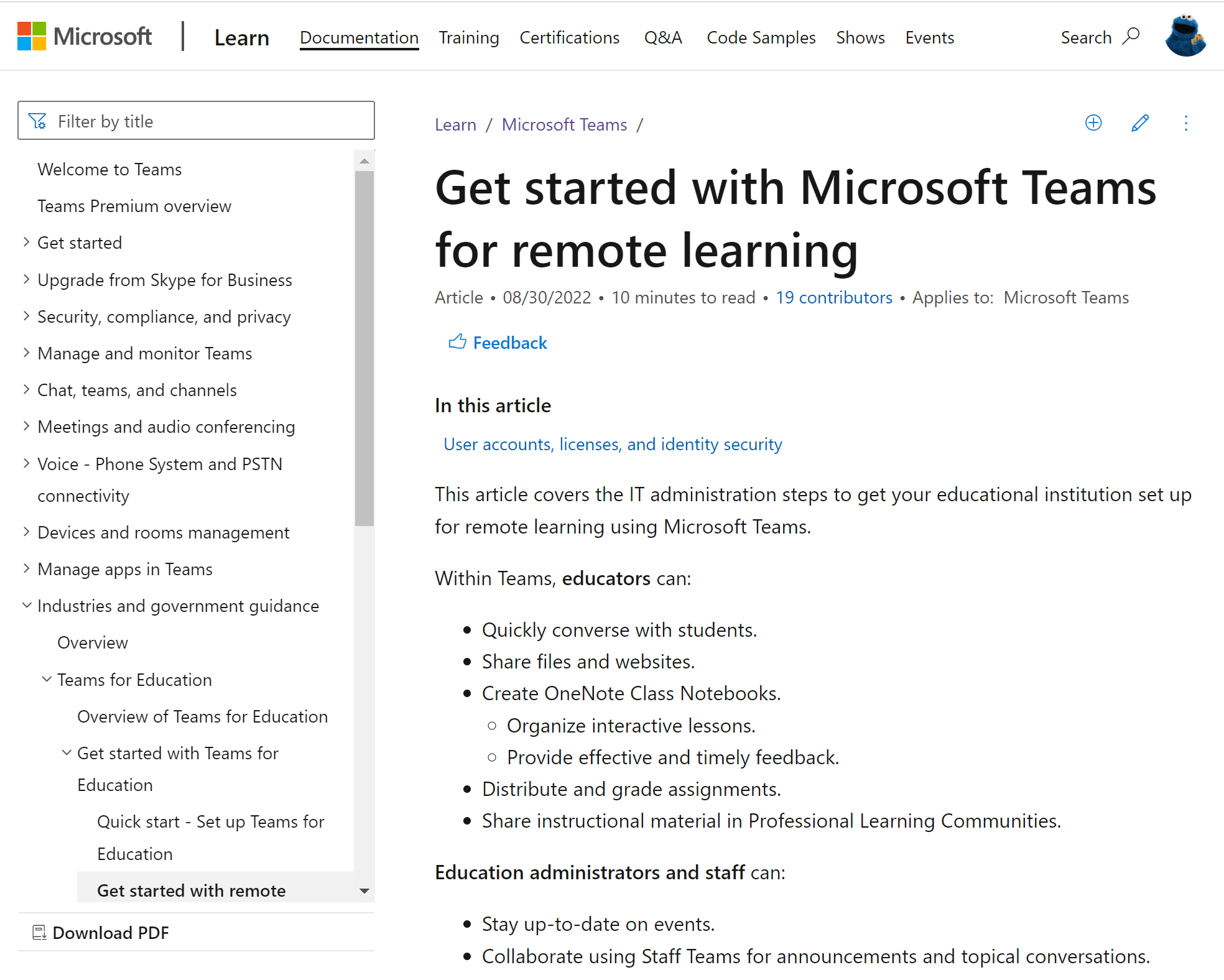 Screenshot of the article 'Get started with Microsoft Teams for remote learning
