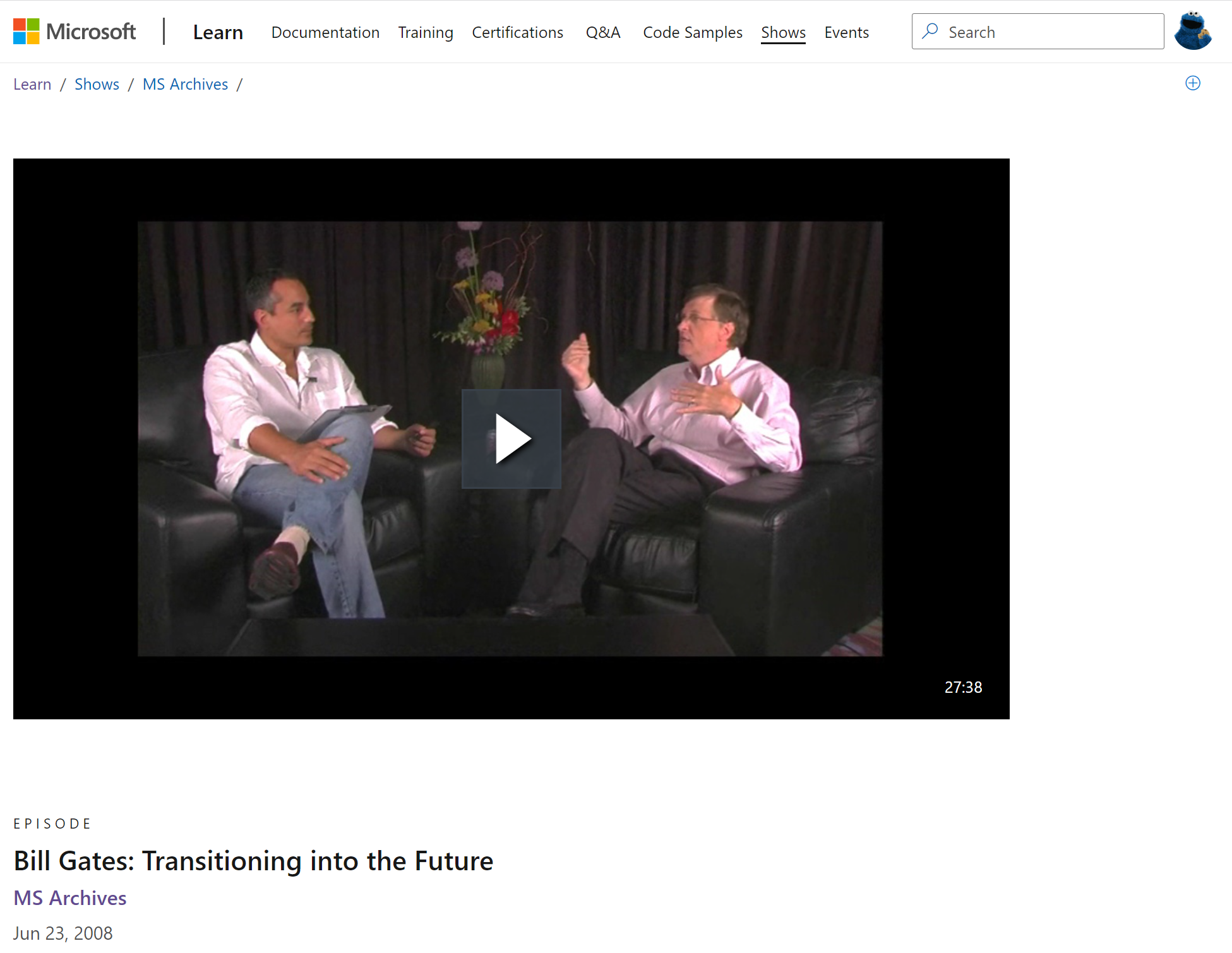 Screenshot of an episode from the MS Archives show where Bill Gates talks about transitioning into the future