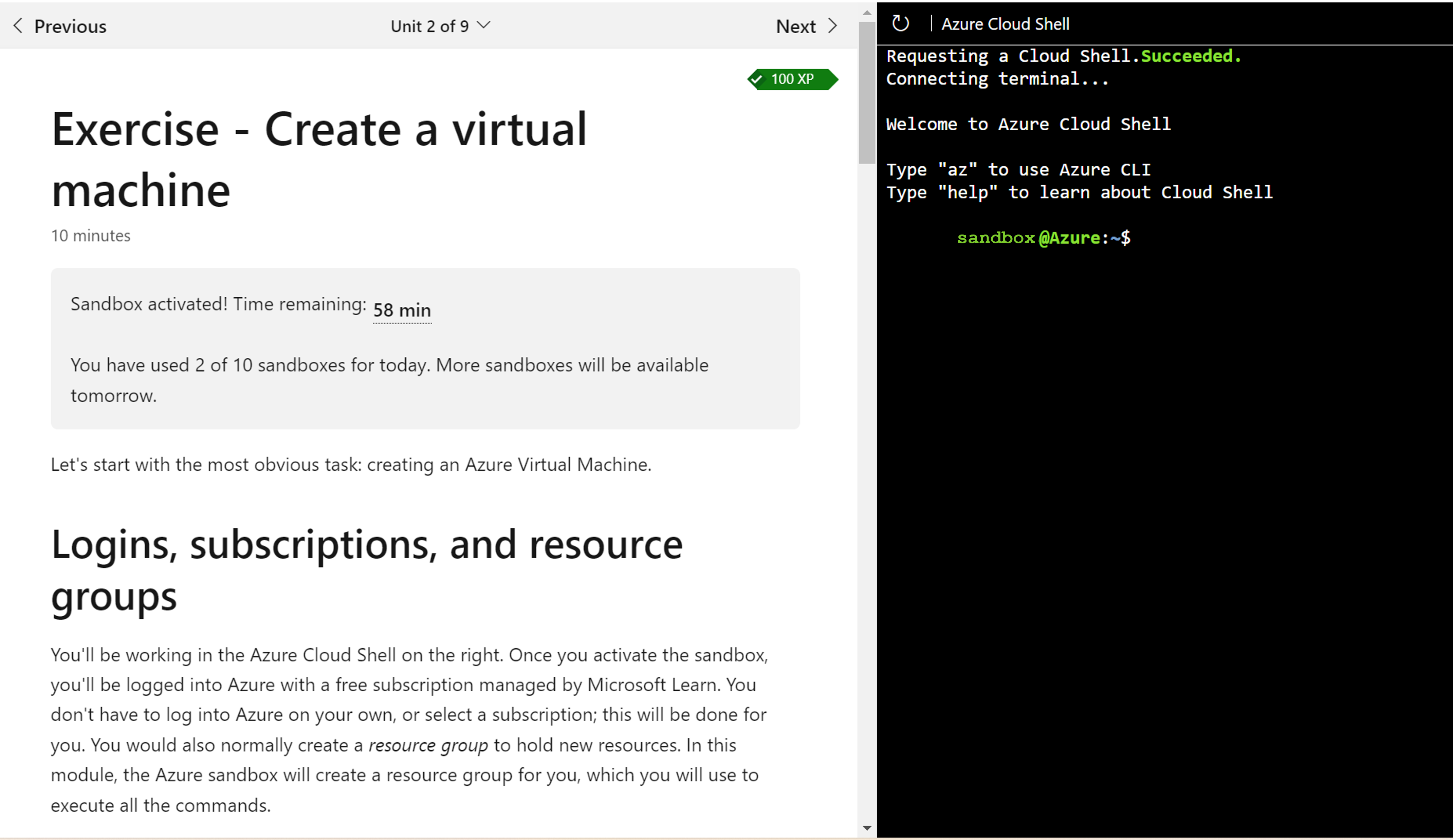 Screenshot of a Microsoft Learn unit with training content text and sandbox side-by-side