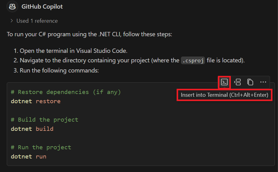 Screenshot showing the Insert into Terminal option in the Chat view.