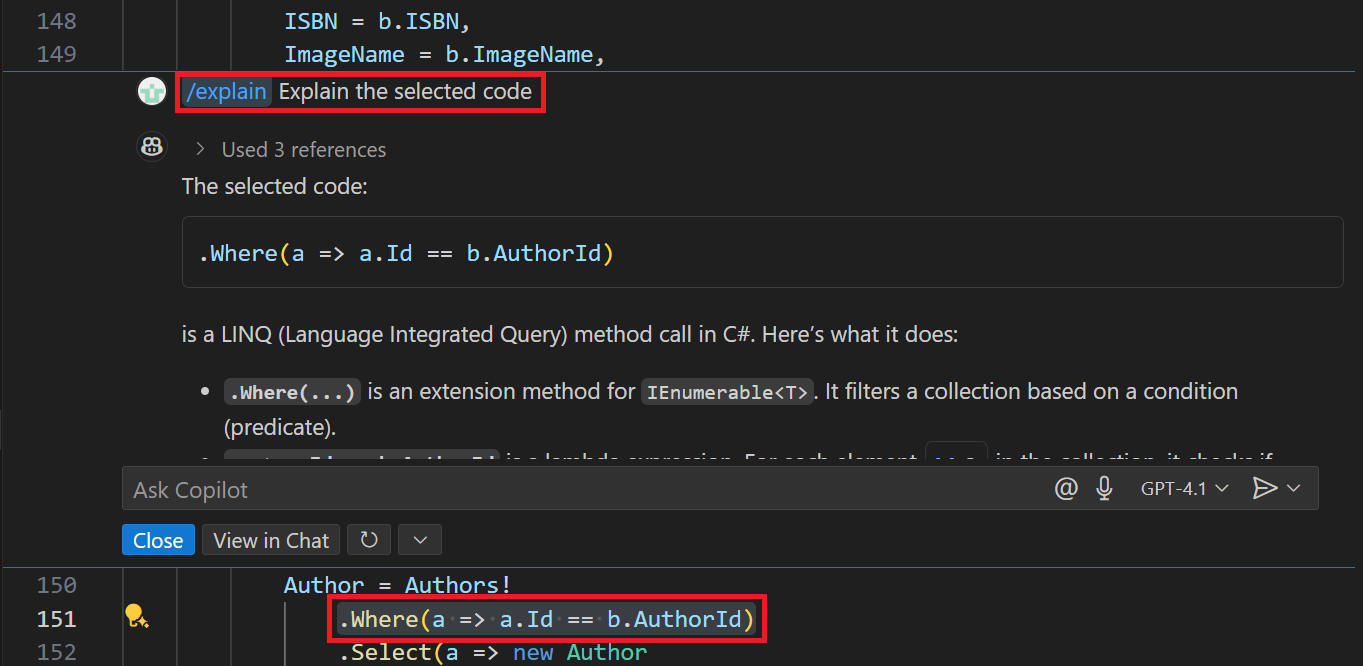 Screenshot showing the inline chat asking about selected code.