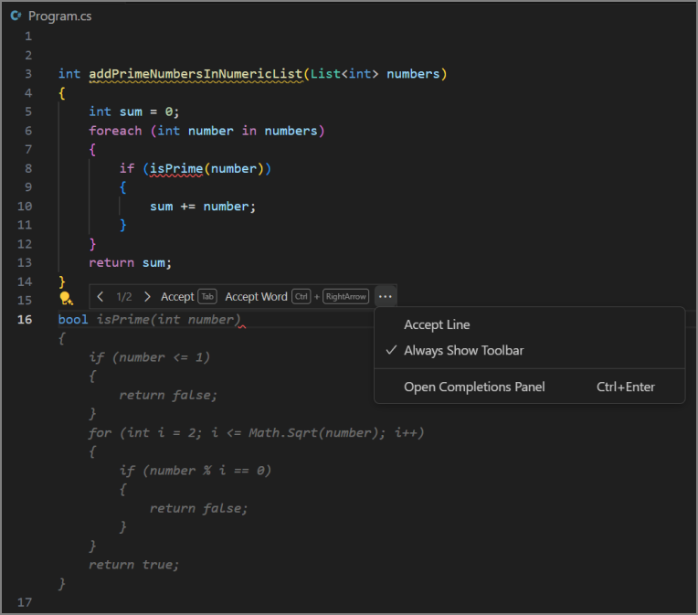 Screenshot showing the additional toolbar options for autocomplete suggestions.