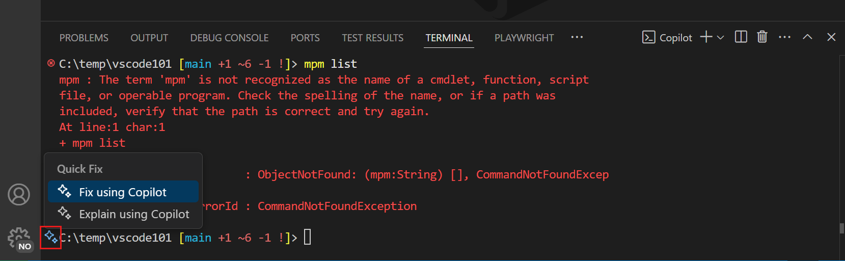Screenshot showing "Fix using Copilot" action in the terminal.