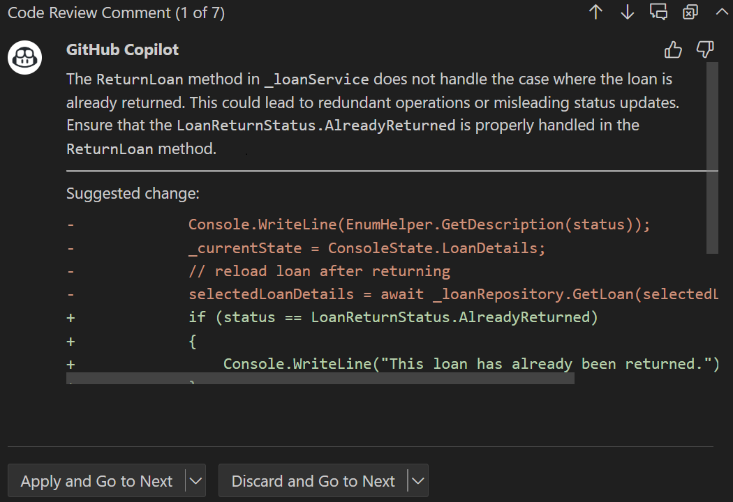 Screenshot showing code review feedback using the Review smart action.