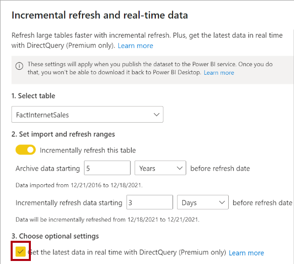 Animated diagram shows the incremental refresh and real-time data set up, and it highlights the Get the latest data in real-time with DirectQuery option.