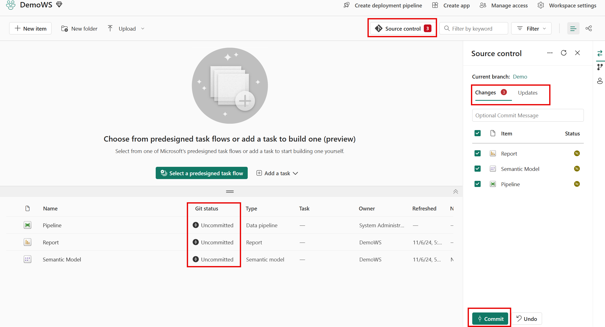 Screenshot of uncommitted changes in workspace.