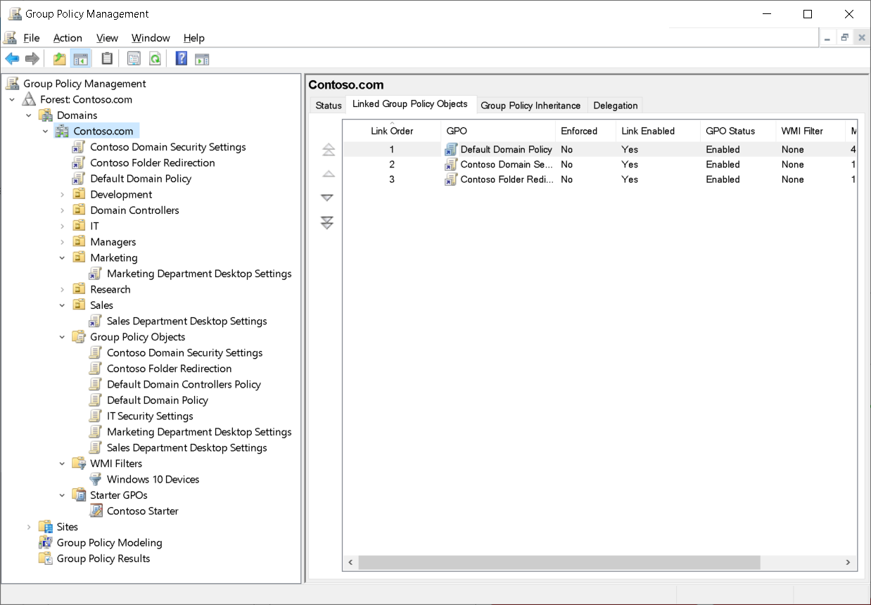 A screenshot of the Group Policy Management console. The administrator has selected the Contoso.com domain. Displayed are three GPOs. Also displayed are the OUs in the domain, some of which have linked GPOs.