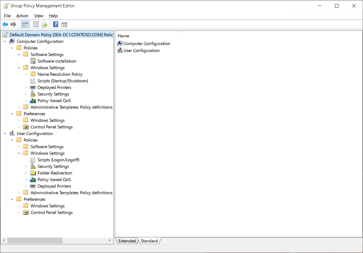 A screenshot of the Group Policy Management Editor. The administrator has expanded the Computer Configuration and User Configuration nodes to display the Policies and Preferences folders.