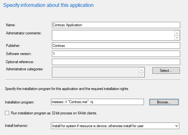 Screenshot of dialog prompting for information about the application, such as name, publisher, version, and comments.