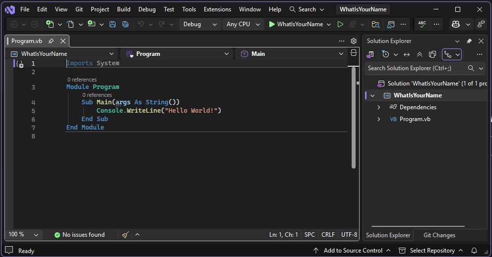 Screenshot showing the default 'Hello World!' code.