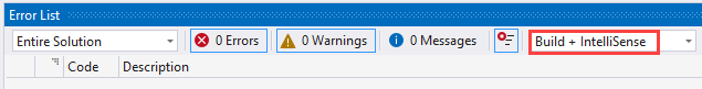Screenshot of the Error List window. Build + IntelliSense is selected in the filter dropdown.