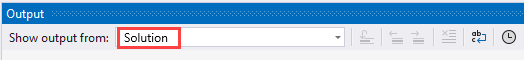 Screenshot that shows the Output window. The Show output from dropdown is set to Solution.