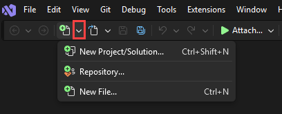 Screenshot of the New Project button in Visual Studio.