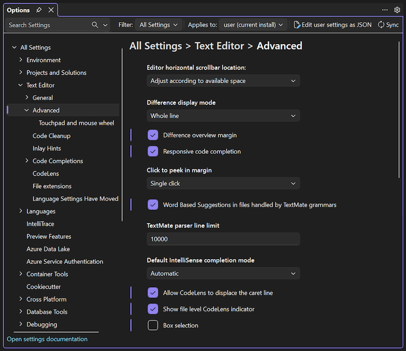Screenshot of the All Settings, Text Editor, Advanced options in Visual Studio.