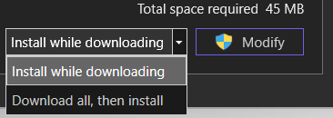 Screenshot of the download and install options in Visual Studio Installer.