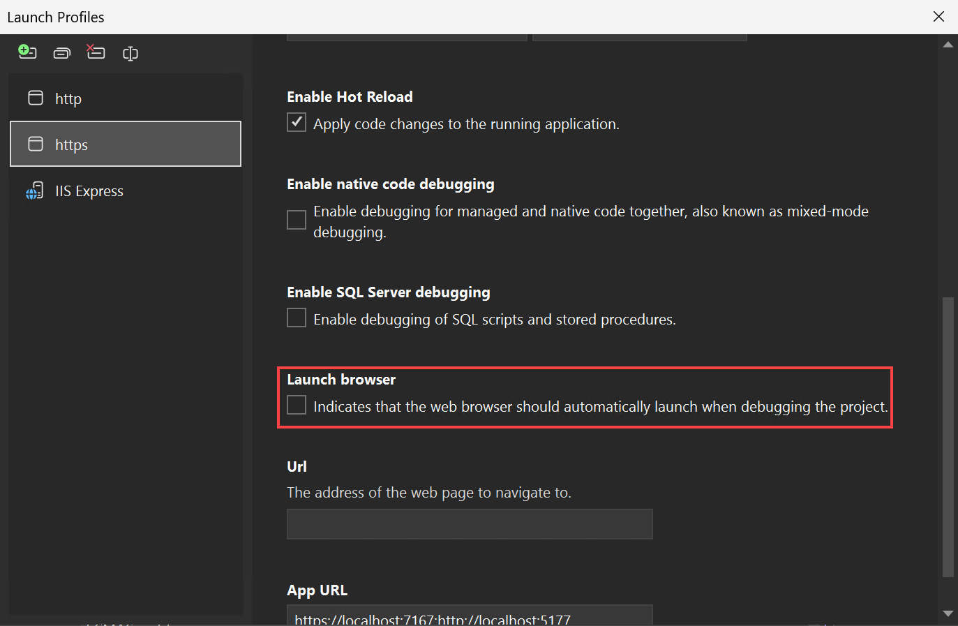 Screenshot showing Debug launch profiles UI.