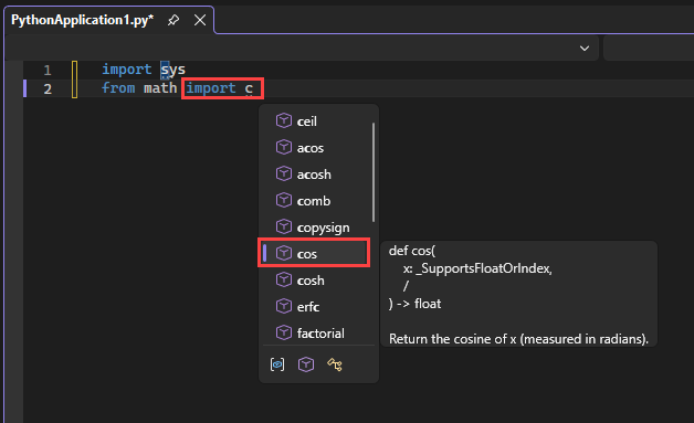 Screenshot that shows how IntelliSense displays the available module members for the import function in the editor in Visual Studio.