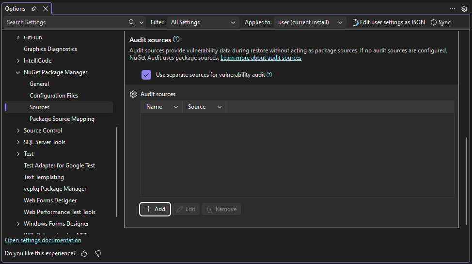 NuGet Sources options showing the audit sources configuration table