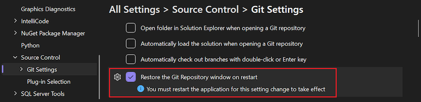 Screenshot of the 'Restore the Git Repository window on restart' option in the Options pane.