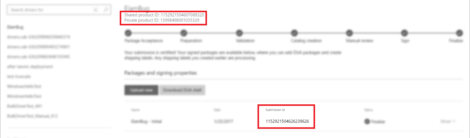 screenshot that shows the that the three ID types and values are listed in the Partner Center.