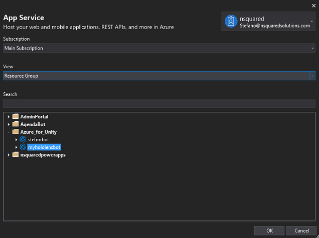 Screenshot that shows the App Service window with the same Subscription used for the Web App Bot Service creation selected.