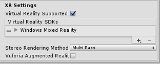 Screenshot that shows Virtual Reality Supported enabled and Windows Mixed Reality S D K added.