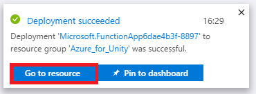 Screenshot that shows 'Deployment succeeded' with the 'Go to resource' button highlighted.