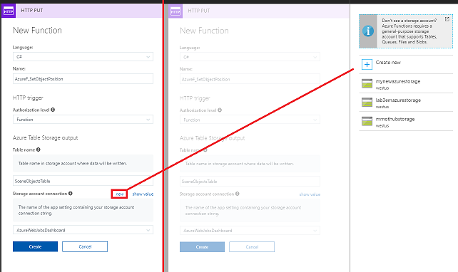 Screenshot that shows the Storage account connection section with the 'New' hyperlink selected.