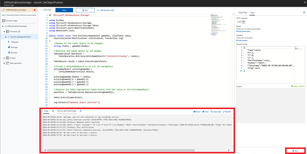 Screenshot that shows the output logs of the test in the console area.