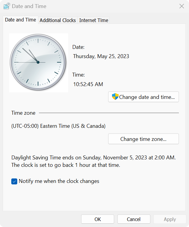 Screenshot showing the UAC Shield Icon in Date and Time Properties.
