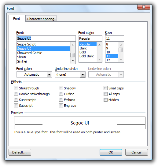 screen shot of font dialog box