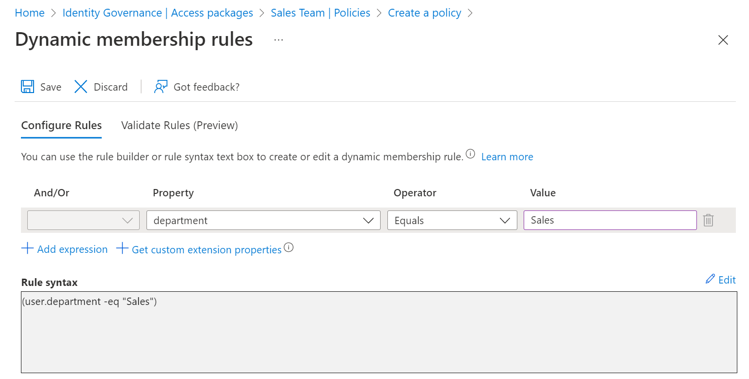 Screenshot of an access package automatic assignment policy rule configuration.