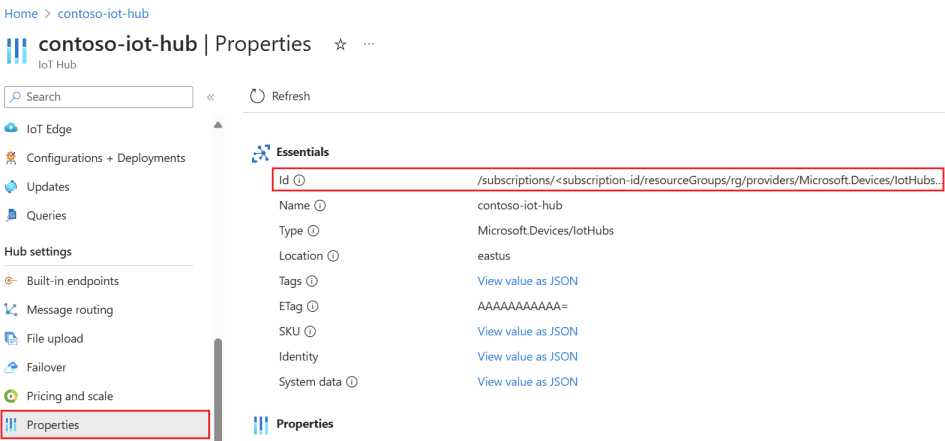 Screenshot the shows how to retrieve your resource ID from the IoT Hub properties.