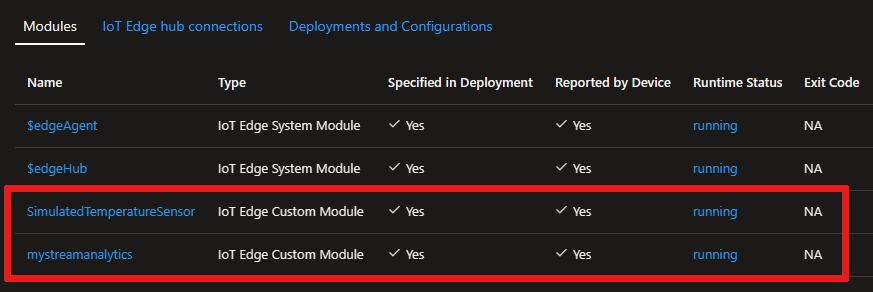 Screenshot that shows your modules list of your device in the Azure portal.