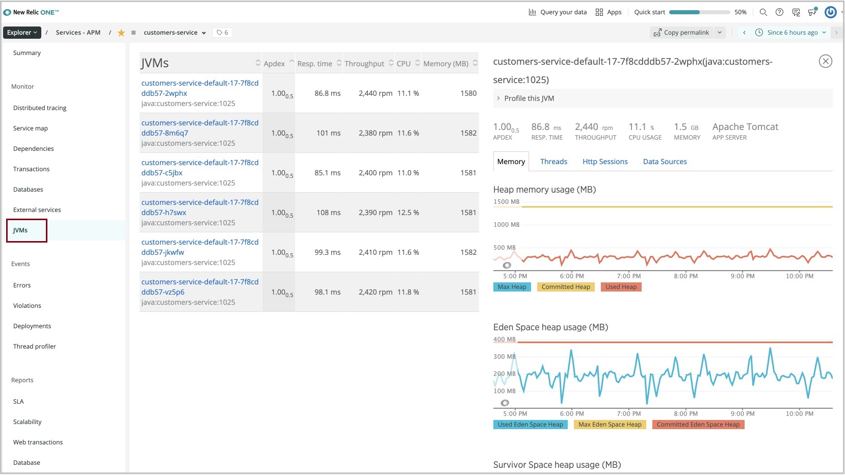 Screenshot of the New Relic dashboard showing the JVM page.