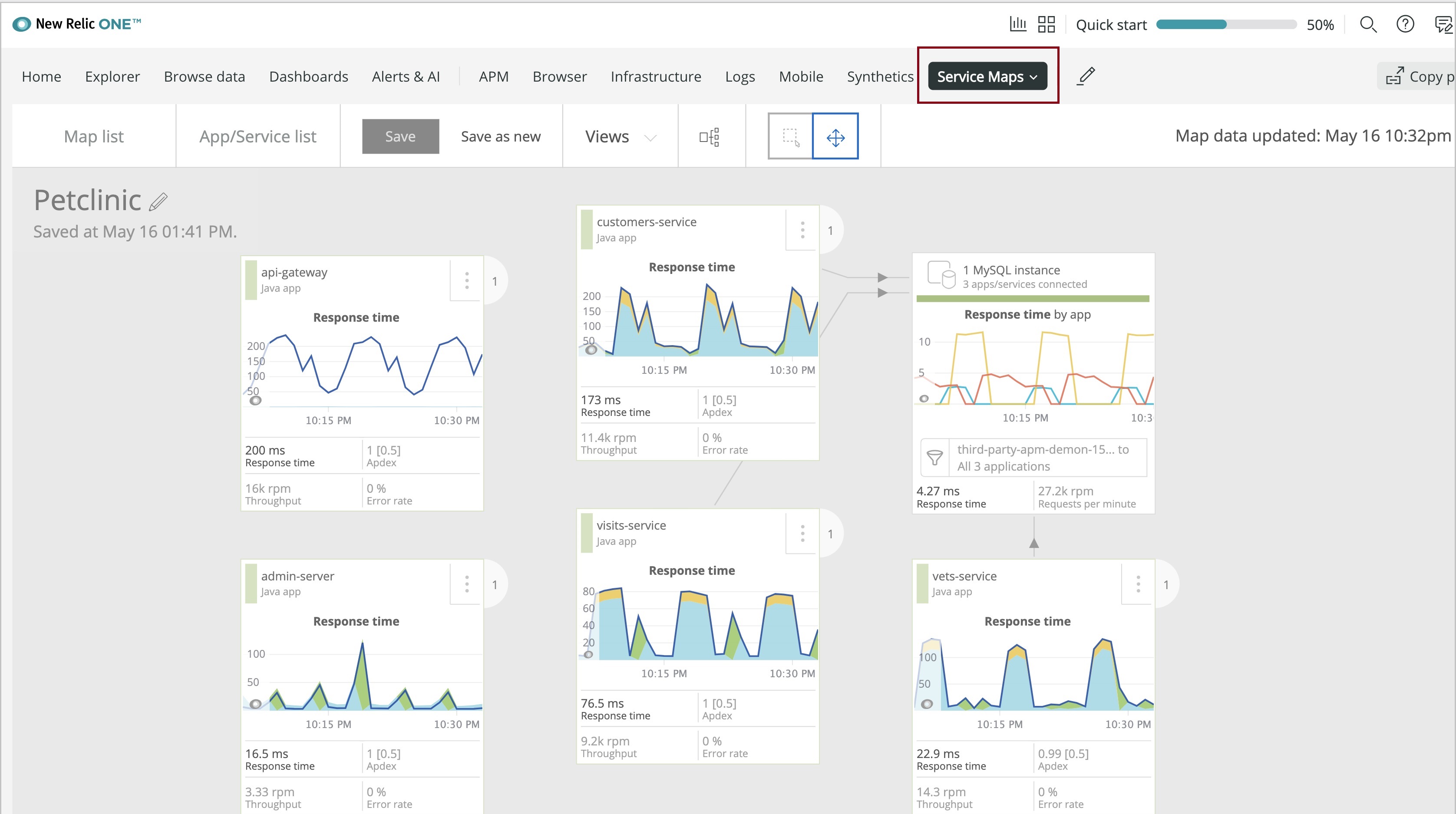 Screenshot of the New Relic dashboard showing the Service Map page.