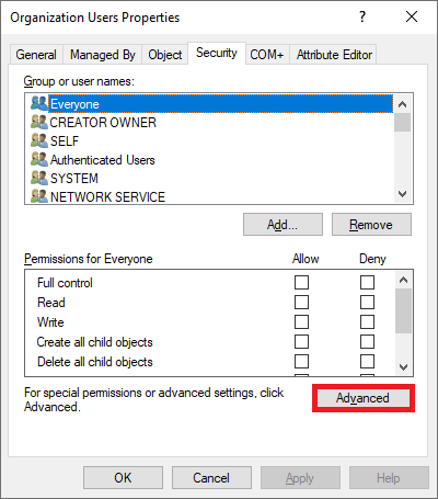 Screenshot of the advanced security settings.