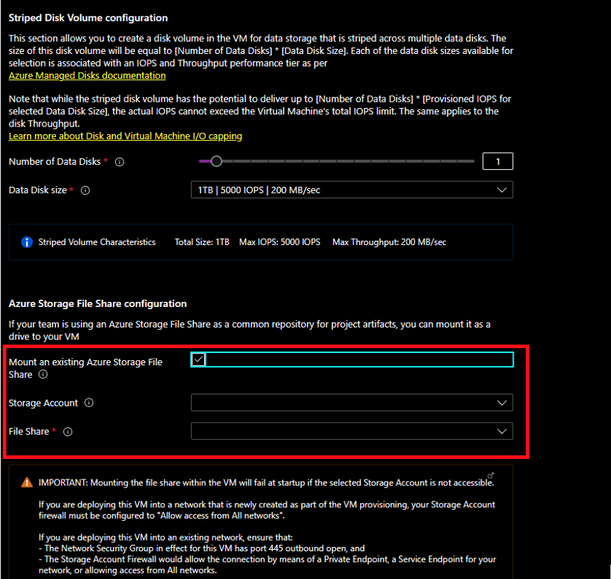 Screenshot showing where to mount an existing Azure Storage File Share