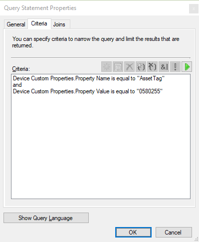 Query Statement Properties window with both Device Custom Properties criteria.