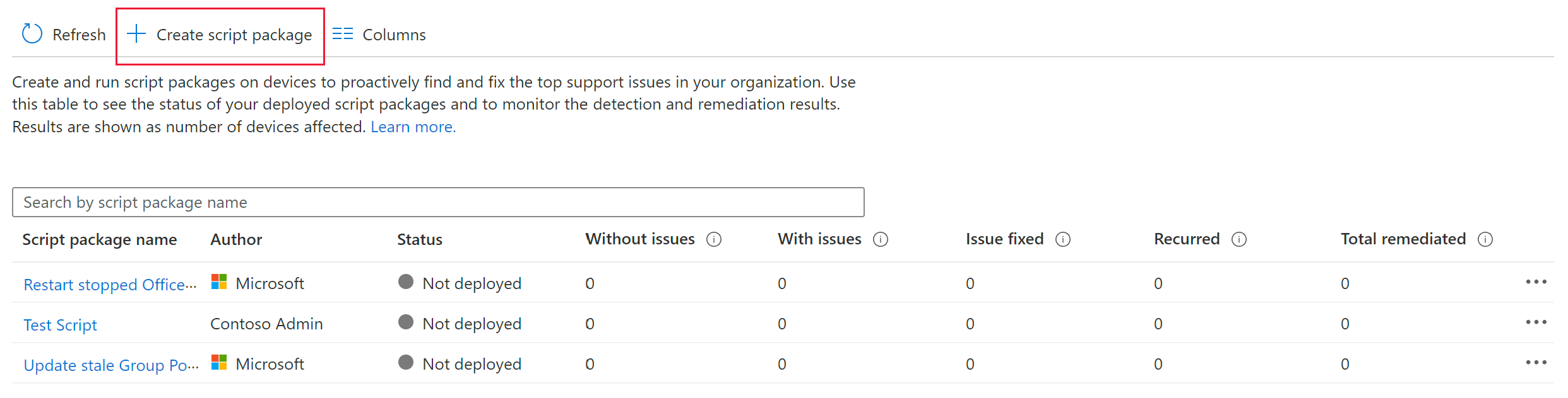Remediations page. Select the create link.
