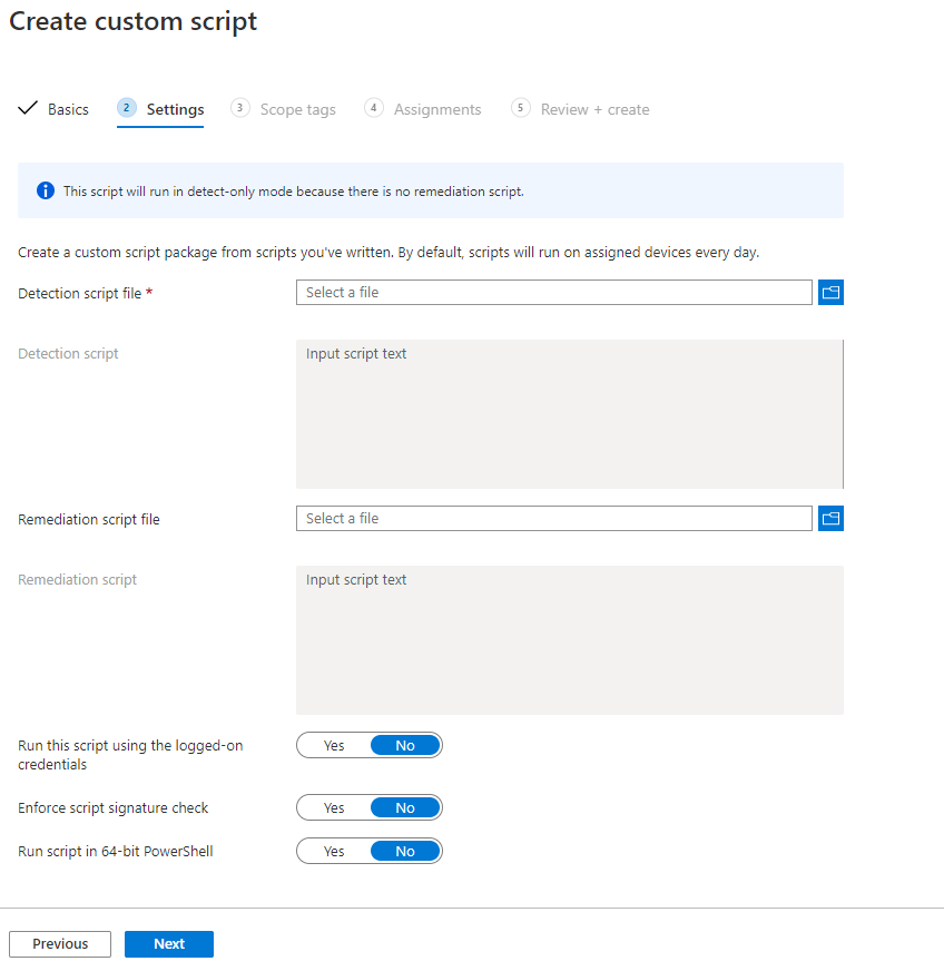 Remediations script settings page.