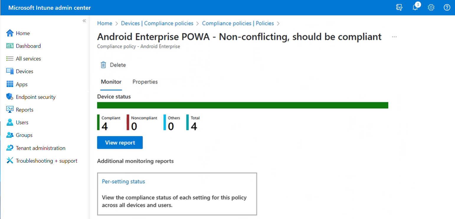 View of the Intune admin center after selecting a compliance policy. 