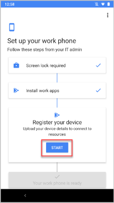 Example image of Set up your work phone screen, highlighting Start button.