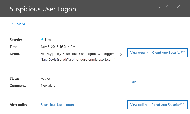 Alert details contain links to the Defender for Cloud Apps portal.