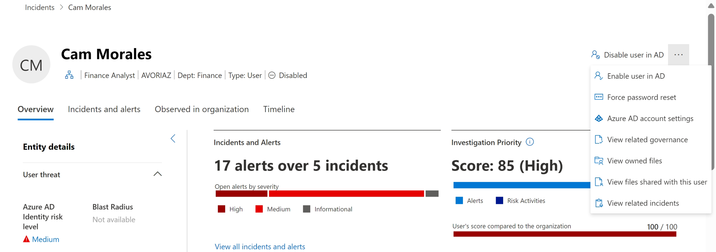 The actions for remediation for a user in the Microsoft Defender portal