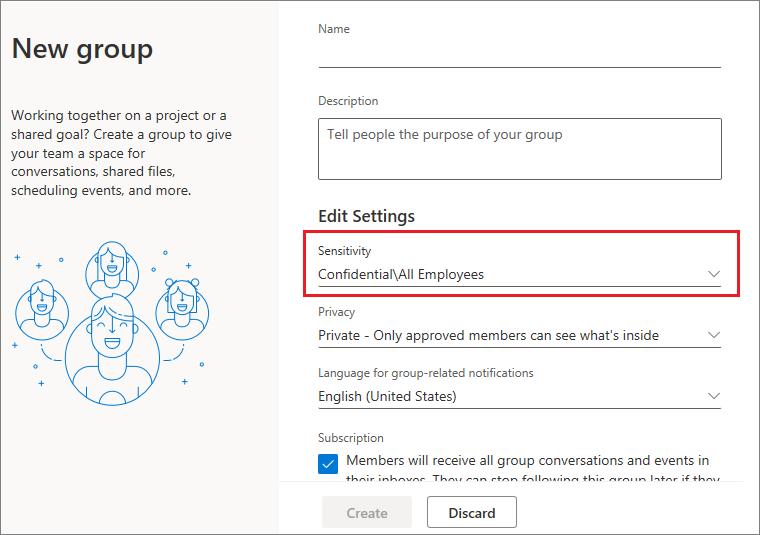 Creating a group and selecting an option under Sensitivity.